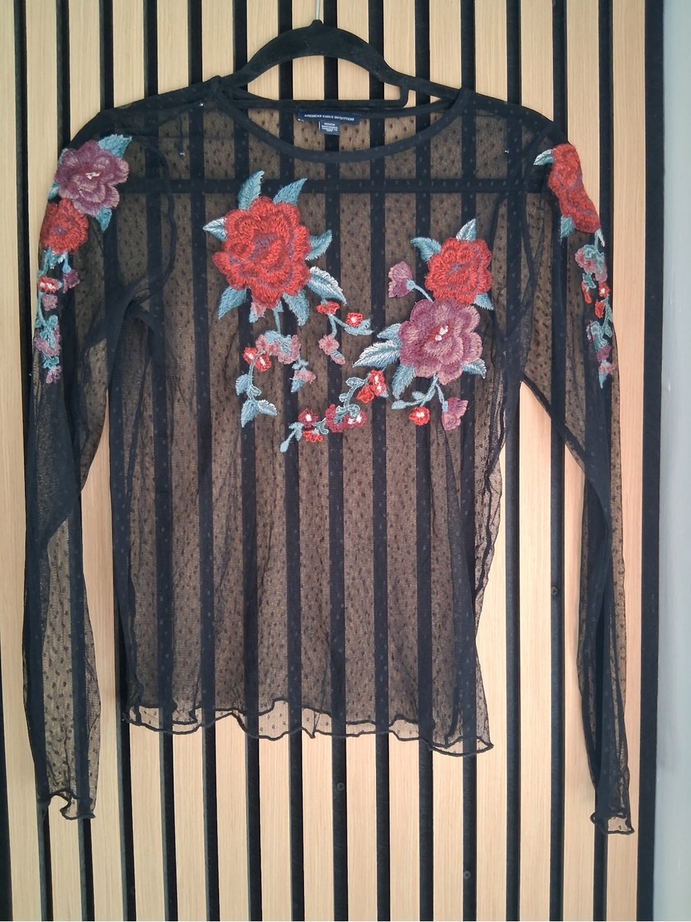 Sheer Black Embroidered Floral Long-Sleeve Top